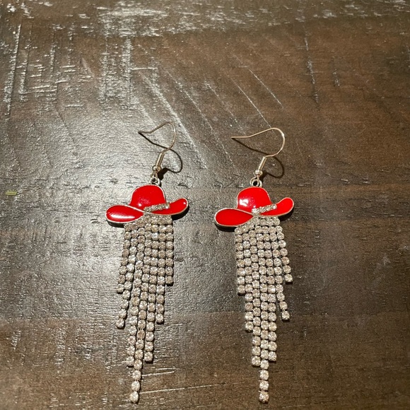 Red Cowboy Hat Dangle Rhinestone Earrings - Picture 3 of 3